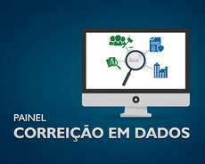 Imagem de um monitor com ícones relacionados a análise de dados, incluindo uma lupa sobre gráficos, pessoas, dinheiro e prédios, com o texto “Painel Correção em Dados” ao lado.