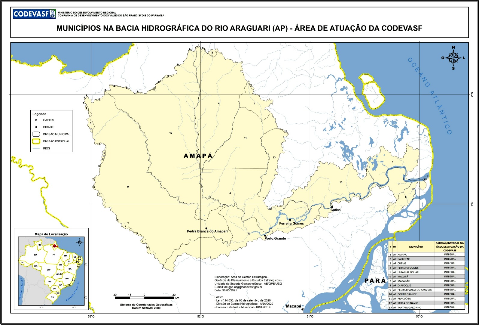 Mapa - Municípios na Bacia Hidrográfica do Rio Araguari (AP).jpg Mapa da bacia hidrográfica do rio Araguari, no estado do Amapá, com a área de atuação da Codevasf destacada em tonalidade clara. O mapa mostra limites municipais e estaduais, cursos d’água e cidades como Macapá, Ferreira Gomes, Porto Grande, Pedra Branca do Amapari e Cutias. No canto inferior esquerdo há um mapa de localização do estado, e à direita uma tabela listando os municípios incluídos na bacia.