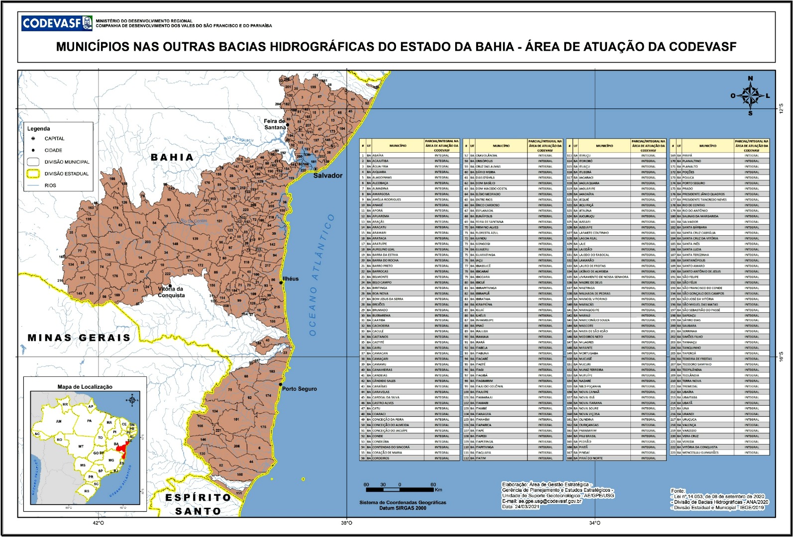 Mapa das demais bacias hidrográficas do estado da Bahia na área de atuação da Codevasf, com os municípios destacados em marrom. O mapa mostra limites municipais e estaduais, cursos d’água e cidades como Salvador, Feira de Santana, Ilhéus, Vitória da Conquista e Porto Seguro. À direita, há uma tabela extensa listando todos os municípios abrangidos e sua inclusão integral ou parcial na área de atuação. No canto inferior esquerdo, um mapa de localização situa a área dentro do território brasileiro.