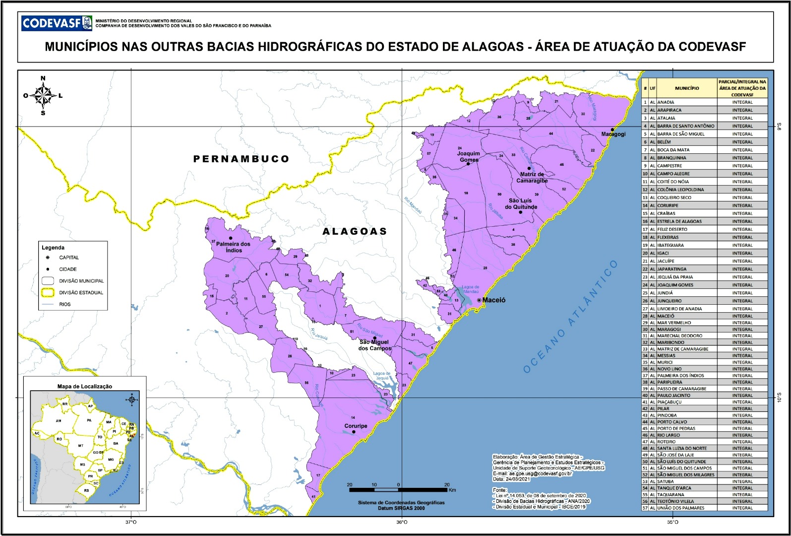 Mapa - Municípios nas Demais Bacias Hidrográficas do Estado de Alagoas.jpg Mapa das demais bacias hidrográficas do estado de Alagoas incluídas na área de atuação da Codevasf, destacadas em roxo. O mapa mostra limites municipais e estaduais, cursos d’água, cidades como Maceió, Palmeira dos Índios, São Miguel dos Campos, Joaquim Gomes e Maragogi, além de um quadro à direita listando os municípios abrangidos e sua inclusão integral na área de atuação. No canto inferior esquerdo há um mapa de localização no território brasileiro.