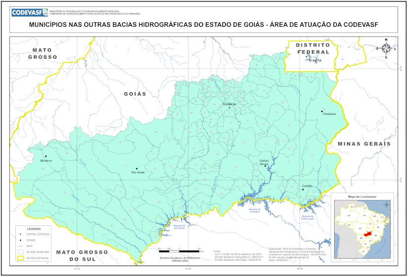 Mapa - Municípios nas Demais Bacias Hidrográficas do Estado de Goiás.jpg Mapa do estado de Goiás destacando, em verde, os municípios incluídos nas demais bacias hidrográficas sob atuação da Codevasf. O mapa mostra limites municipais e estaduais, cidades como Goiânia, Rio Verde, Catalão e Cristalina, além das fronteiras com Mato Grosso, Mato Grosso do Sul, Minas Gerais e o Distrito Federal. Há também um quadro de localização do estado no mapa do Brasil.