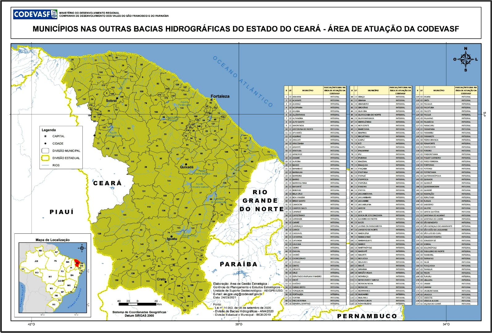 Mapa - Municípios nas Demais Bacias Hidrográficas do Estado do Ceará.jpg Mapa das demais bacias hidrográficas do estado do Ceará na área de atuação da Codevasf, com os municípios destacados em amarelo. O mapa apresenta limites municipais e estaduais, rios, e a localização de cidades como Fortaleza, Sobral, Quixadá, Iguatu e Crato. À direita, há uma tabela extensa listando todos os municípios incluídos e sua participação integral ou parcial na área de atuação. No canto inferior esquerdo, um mapa de localização situa a área dentro do território brasileiro.