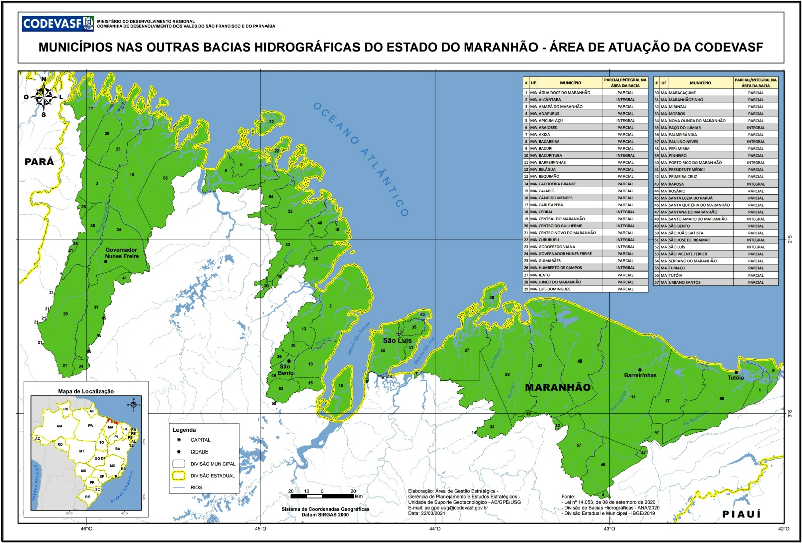 Mapa do estado do Maranhão destacando, em verde, os municípios das demais bacias hidrográficas incluídos na área de atuação da Codevasf. O mapa mostra limites municipais e estaduais, rios, a capital São Luís, outras cidades como Tutóia e Governador Nunes Freire, e uma tabela à direita com a relação de municípios. No canto inferior esquerdo, há um mapa menor indicando a localização do estado no Brasil.