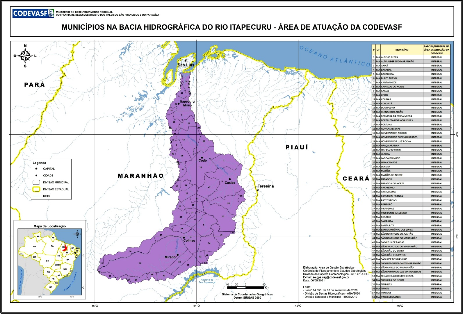 Mapa da bacia hidrográfica do rio Itapecuru, no Maranhão, com municípios destacados em uma única cor para indicar a área de atuação da Codevasf. O mapa mostra limites municipais e estaduais, rios, cidades como São Luís, Caxias, Codó e Mirador, além de um mapa de localização no canto inferior esquerdo. À direita, há uma tabela com a lista de municípios.