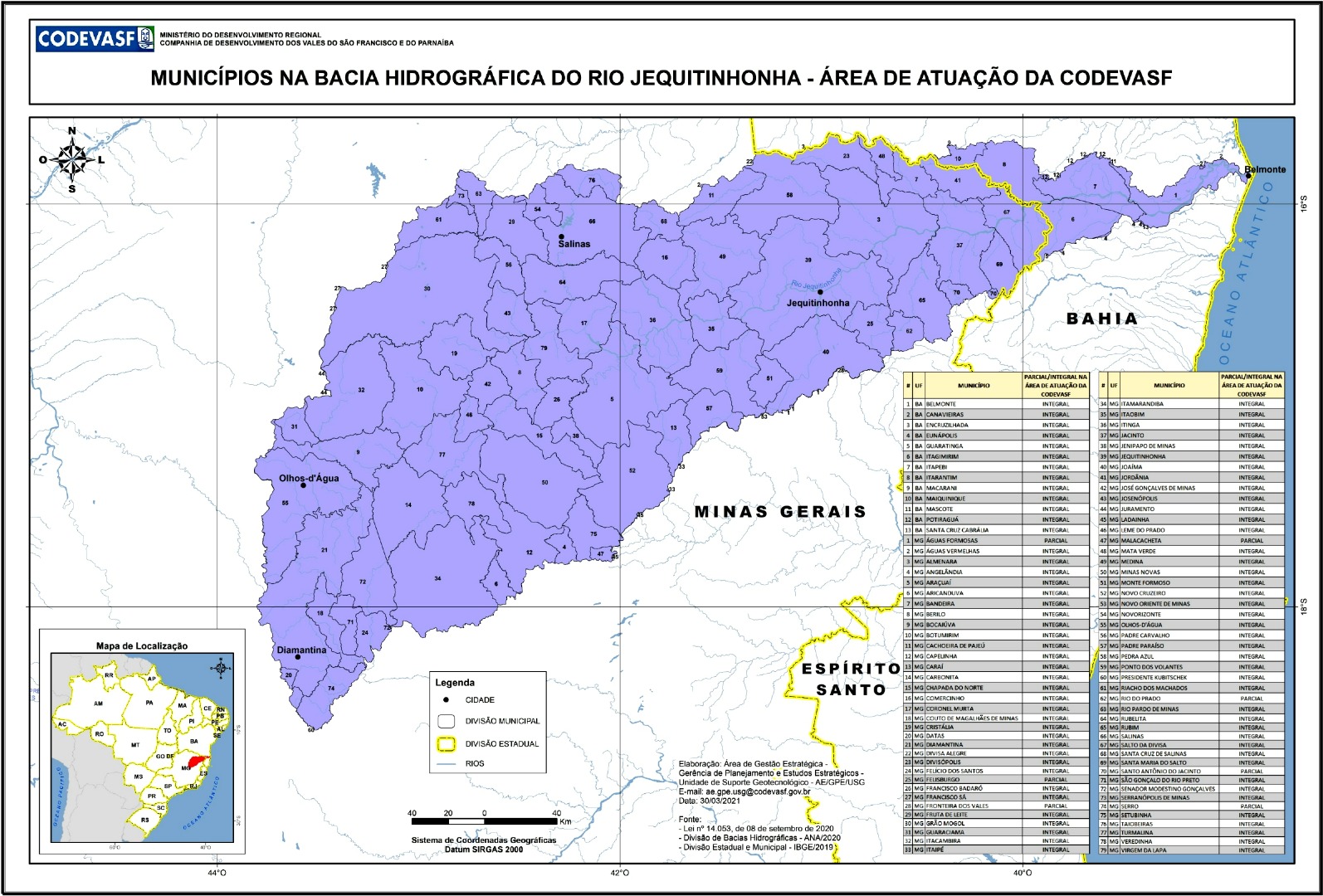 Mapa da bacia hidrográfica do rio Jequitinhonha, em Minas Gerais, destacada em roxo como área de atuação da Codevasf. O mapa mostra limites municipais e estaduais, cursos d’água e cidades como Salinas, Jequitinhonha, Olhos-d’Água e Diamantina. No canto inferior esquerdo há um mapa de localização do estado; à direita, uma tabela lista os municípios incluídos na bacia e sua condição de participação (integral ou parcial).