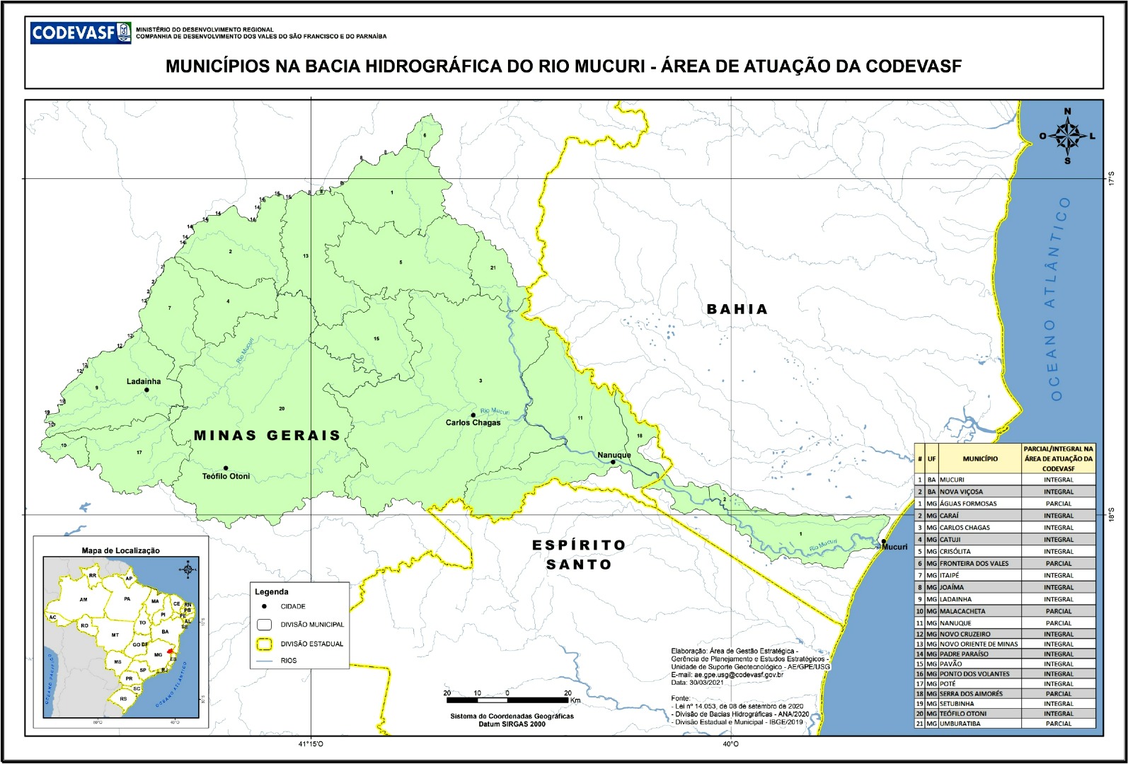 Mapa - Municípios na Bacia Hidrográfica do Rio Mucuri.jpg Mapa temático da Codevasf com os municípios na bacia hidrográfica do rio Mucuri, abrangendo áreas de Minas Gerais, Bahia e Espírito Santo, com limites municipais e estaduais, rede de rios, indicação do Oceano Atlântico, legenda e mapa de localização do Brasil.