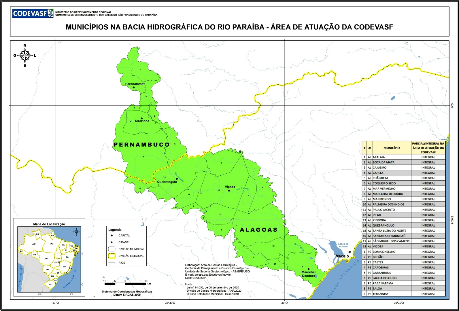 Mapa da bacia hidrográfica do rio Paraíba, abrangendo áreas de Pernambuco e Alagoas, com municípios destacados em uma única cor para indicar a área de atuação da Codevasf. O mapa mostra limites municipais e estaduais, rios, cidades como Terezinha, Quebrangulo, Viçosa e Marechal Deodoro, além de um mapa de localização no canto inferior esquerdo. À direita, há uma tabela com a lista dos municípios.