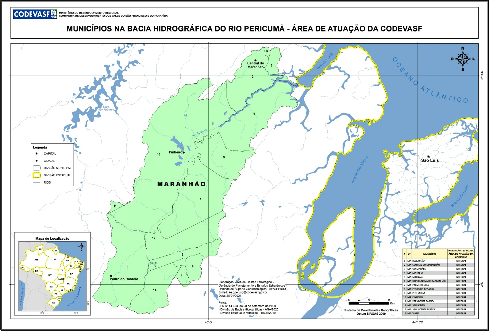Mapa da bacia hidrográfica do rio Pericumã, no Maranhão, com municípios destacados em uma única cor para indicar a área de atuação da Codevasf. O mapa apresenta limites municipais e estaduais, rios, cidades como Pinheiro, Pedro do Rosário e Central do Maranhão, além de um mapa de localização no canto inferior esquerdo. À direita, há uma tabela com os municípios.