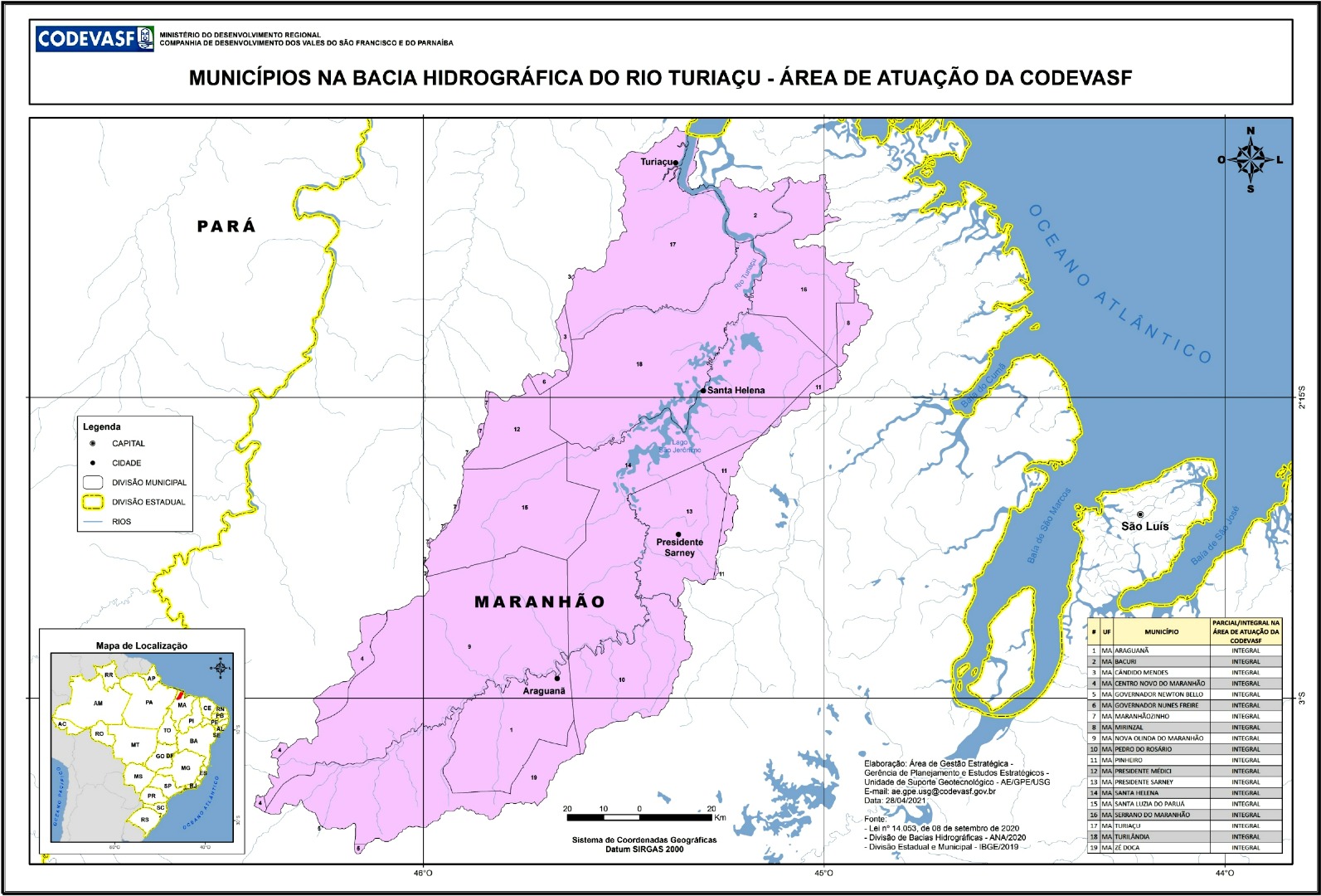 Mapa da bacia hidrográfica do rio Turiaçu, no Maranhão, com municípios destacados em uma única cor para indicar a área de atuação da Codevasf. O mapa mostra limites municipais e estaduais, rios, cidades como Turiaçu, Santa Helena, Presidente Sarney e Araguanã, além de um mapa de localização no canto inferior esquerdo. À direita, há uma tabela com os municípios.