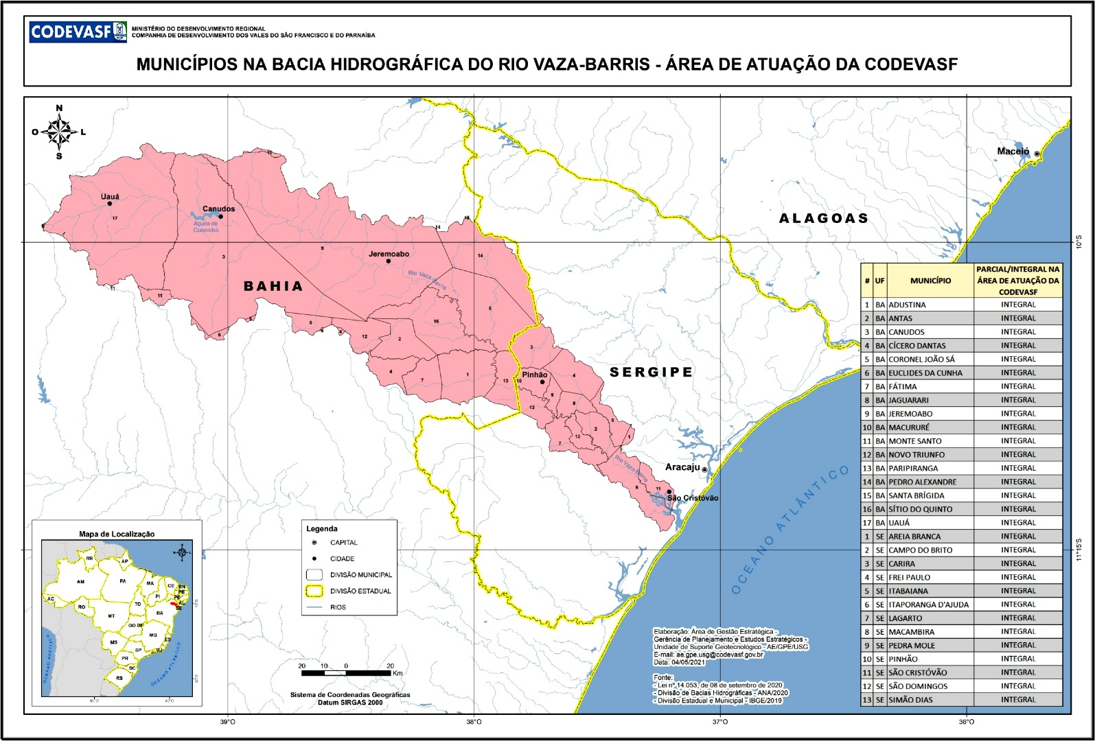 Mapa – Municípios na Bacia Hidrográfica do Rio Vaza-Barris.jpg Mapa da bacia hidrográfica do rio Vaza-Barris, abrangendo áreas da Bahia e de Sergipe, com municípios destacados em uma única cor para indicar a área de atuação da Codevasf. O mapa mostra limites municipais e estaduais, rios, cidades como Uauá, Canudos, Jeremoabo, Pinhão e Aracaju, além de um mapa de localização no canto inferior esquerdo. À direita, há uma tabela com a lista dos municípios.