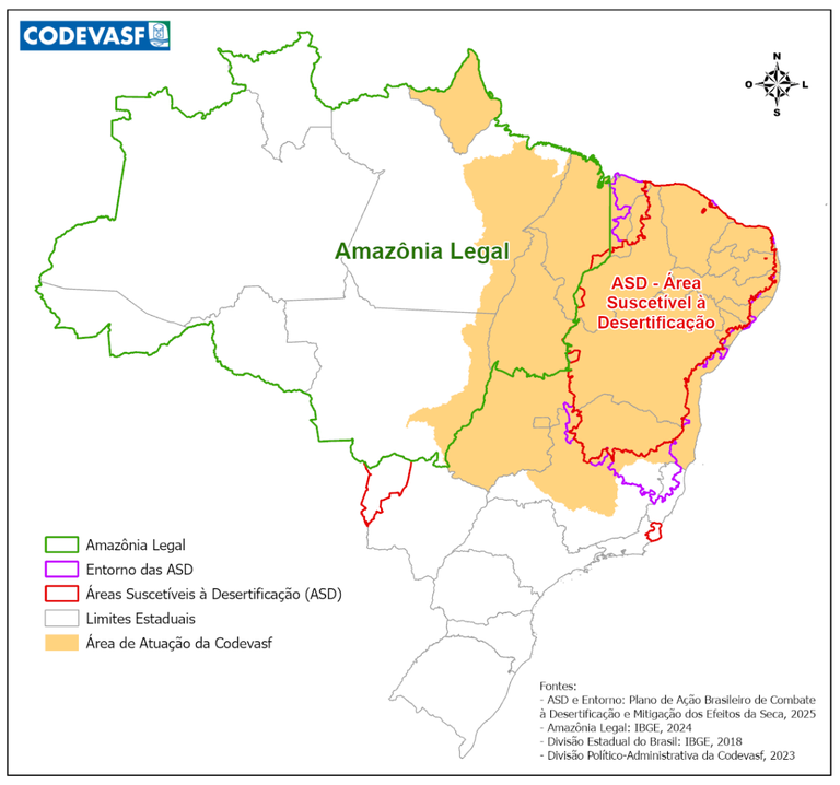 Figura - Área de Atuação da Codevasf - Amazônia Legal e Áreas Suscetíveis à Desertificação.png
