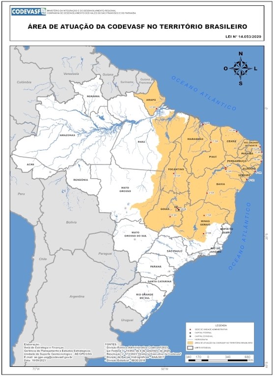 Mapa da área de atuação da Codevasf no território brasileiro, de acordo com a Lei 14.053/2020