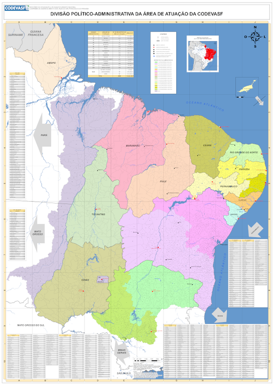 Mapa da Divisão político-administrativa da área de atuação da Codevasf, de acordo com a Lei 14.053/2020.