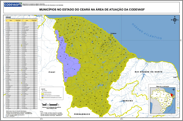 Mapa do estado do Ceará com municípios destacados em duas cores para indicar a área de atuação da Codevasf, mostrando limites municipais, rodovias e rios. À esquerda há uma tabela de municípios e, no canto inferior direito, um mapa de localização do estado no Brasil.