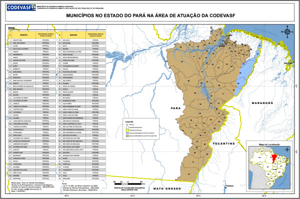 Mapa do estado do Pará mostrando os municípios incluídos na área de atuação da Codevasf, destacados em uma única cor. O mapa apresenta limites municipais e estaduais, rios principais, uma tabela de municípios à esquerda e um mapa de localização no canto inferior direito.