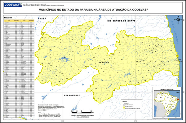 Mapa do estado da Paraíba mostrando todos os municípios incluídos na área de atuação da Codevasf, destacados em uma única cor. O mapa apresenta limites municipais e estaduais, rios, uma tabela de municípios à esquerda e um mapa de localização no canto inferior direito.