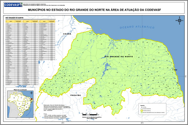 Mapa - Municípios no Estado do Rio Grande do Norte na área de atuação da Codevasf.jpg Mapa do estado do Rio Grande do Norte mostrando os municípios incluídos na área de atuação da Codevasf, destacados em uma única cor. O mapa apresenta limites municipais e estaduais, rios, uma tabela de municípios à esquerda e um mapa de localização no canto inferior esquerdo.