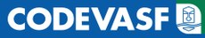 Logotipo da Codevasf com a palavra “CODEVASF” em letras brancas sobre fundo azul e símbolo institucional à direita, em azul e branco, com formas geométricas e linhas onduladas.
