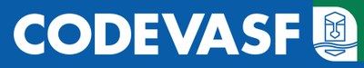 Logotipo da Codevasf com a palavra “CODEVASF” em letras brancas sobre fundo azul e símbolo institucional à direita, em azul e branco, com formas geométricas e linhas onduladas.